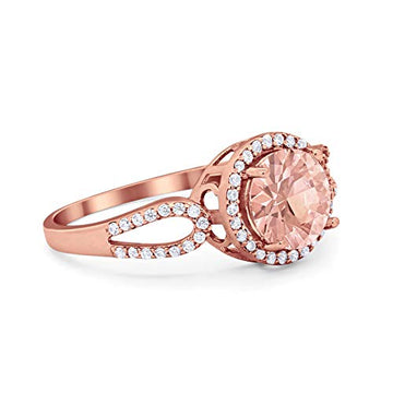 Halo Split Shank Engagement Ring Rose Tone, Simulated Morganite CZ 925 Sterling Silver
